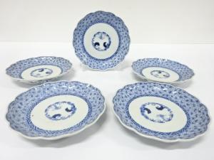 古伊万里　染付　みじん唐草　七寸皿　5客